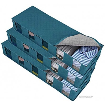 HONGBI Unterbettkommode mit Transparentem Sichtfenster und Haltegriffen mit 5 Fächern Aufbewahrungsbox Stoff Faltbar Unterbett-Kommode Für Schuhe Kleidung,Blau,3 Stück97x33x15cm