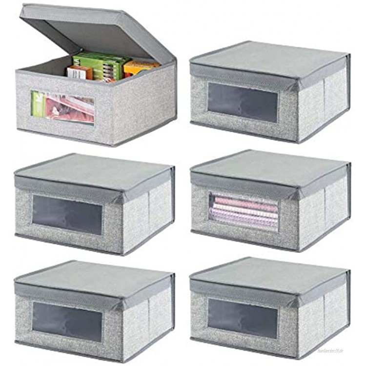 mDesign 6er-Set Aufbewahrungsbox aus Stoff – stapelbare Stoffbox zur Ablage von Kleidung oder Schuhen und als Schrankbox – Aufbewahrungskiste mit Deckel und Sichtfenster – grau