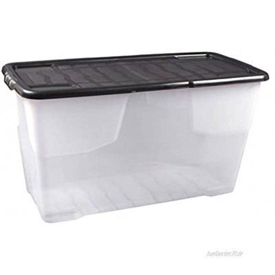 XXL Aufbewahrungsbox Curve mit Deckel aus transparentem Kunststoff. Nutzvolumen von ca. 100 Liter. Stapelbar und nestbar. Maße BxTxH in cm: 80 x 40 x 48