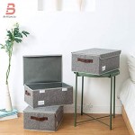 BrilliantJo 3er Set Aufbewahrungsboxen mit Deckel faltbare leinen Aufbewahrungskiste mit Etikettenhalter und 2 Ledergriffen 40 x 30 x 18 cm Grau
