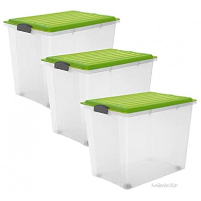 Rotho Compact 3er-Set Aufbewahrungsbox Deckel und Rollen Kunststoff PP BPA-frei grün transparent 3 x 70l 57 x 39,5 x 43,5 cm 3