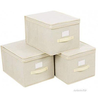 SONGMICS Faltboxen 3er Set Aufbewahrungsboxen mit Deckel Stoffboxen mit Etikettenhalter Aufbewahrungskörbe Spielzeug-Organizer 40 x 30 x 25 cm beige RFB03M
