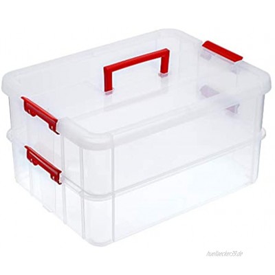 SUMNACON 2-stöckige stapelbare Aufbewahrungsbox aus Kunststoff mit Tragegriff transparente Behälter Organizer für Kunst- und Bastelspielzeug Nähzubehör Rot