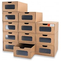 WALL QMER Schuhbox große Größe wasserfester Karton 35,1 x 23,6 x 13,5 cm strapazierfähige stapelbare stabile Aufbewahrungsboxen mit Markierungsetiketten tansparentes Fenster 12 Stück