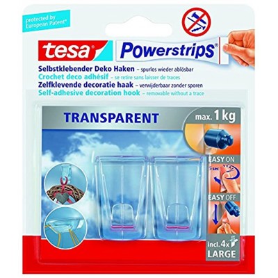 tesa Powerstrips® Deco Haken Large transparent für max. 1kg Packung mit 2 Haken + 4 Powerstrips 5 Packungen transparent