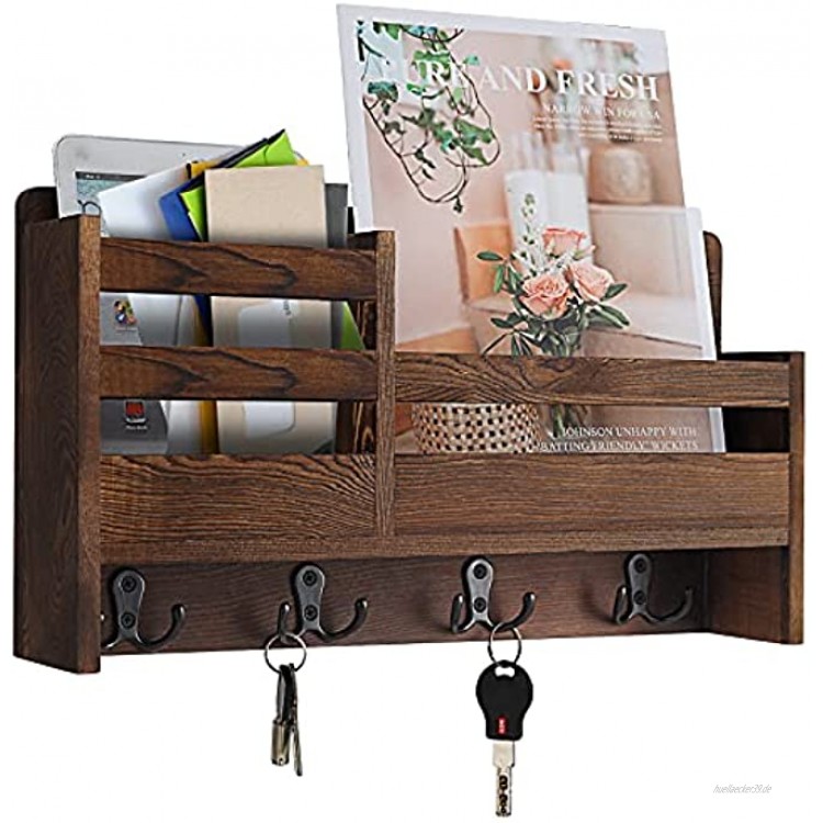 MASTLU Wandmontierter Briefhalter aus Holz mit 4 doppelten Schlüsselhaken und 2 schwebenden Ablagen für Diele Flur Wohnzimmer perfekt als Heimdekoration