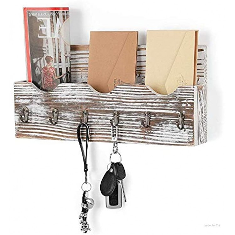 Schlüsselbrett mit Briefablage aus Holz mit 6 Schlüsselhaken für Briefen Notizen Schlüssel rustikal braun