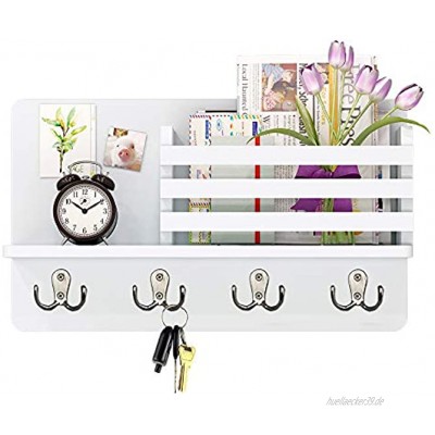 Schlüsselhalter für Wandbrief-Organizer mit schwebendem Regal und 4 Doppel-Schlüsselhaken perfekt für Eingangsbereich Foyer Schrank und mehr Weiß
