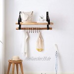 COSTWAY Schweberegal mit 8 abnehmbaren Haken und Stange Wandregal aus Holz rustikales Lagerregal für Küche Wohnzimmer Schlafzimmer oder Badezimmer 43 x 17 x 23 cm