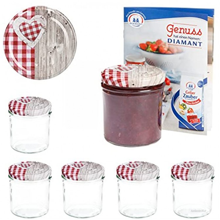 MamboCat 6er 350 ml Sturzglas-Set | Einmachgläser + Twist-Off-Deckel Holz-Herz rotkariert + GRATIS Rezeptheft | einkochen & konservieren | Vorratsgläser | backofengeeignet
