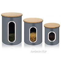 3er Set Vorratsdose Metall Vorratsbehälter für Lebensmittel mit Luftdichten Bambusdeckeln und Durchsichtigem Fenster Aufbewahrungsbehälter für Kaffee Tee Getreide Trockenfutter Grau