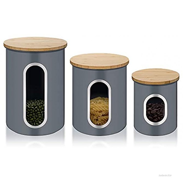 3er Set Vorratsdose Metall Vorratsbehälter für Lebensmittel mit Luftdichten Bambusdeckeln und Durchsichtigem Fenster Aufbewahrungsbehälter für Kaffee Tee Getreide Trockenfutter Grau