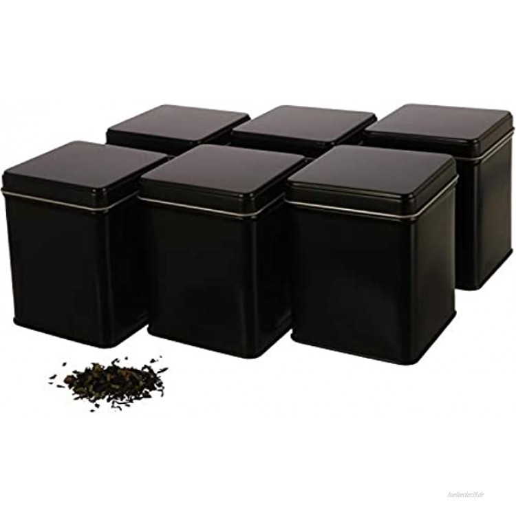 | 6 x klassische eckige Teedose Vorratsdose STAPELBAR aromadicht aus Metall für je 140g Earl Grey inkl. 6 Etiketten | 9.8 x 7.6 x 7.6 cm H,B,T | auch ideal als Mehl- Reis- oder Gewürzdose