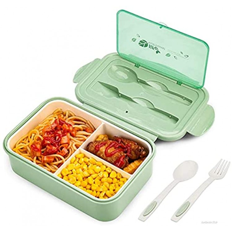 BIBURY Lunch Boxen Auslaufsichere Brotdose Kinder und Erwachsene Bento Lunch Boxen mit Besteck und 3 Fächern Lebensmittelbehälter BPA-frei mikrowellen und spülmaschinenfest Grün