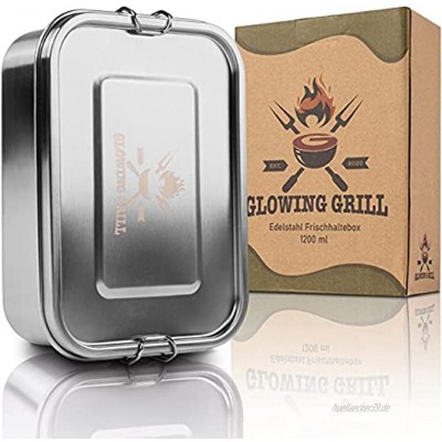 GLOWING GRILL Premium Edelstahl Brotdose 1200ml mit flexiblem Trennfach Auslaufsicher Lunchbox stabil zum Wandern Frischhaltedose für Camping und Picknick Rostfrei ohne BPA Plastikfrei