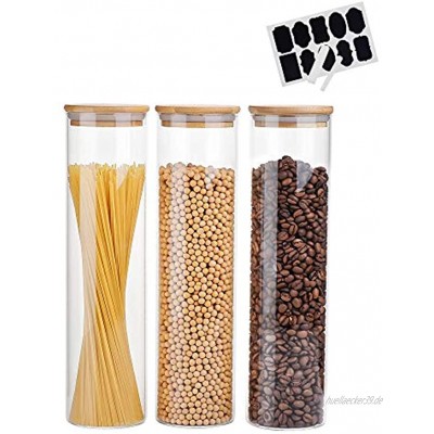 Amisglass Vorratsdosen Glas mit Bambusdeckel und Etiketten 1400ML Vorratsgläser mit Deckel Glasbehälter Ideal für Spaghetti Zucker Getreide 3er Set für die Aufbewahrung von Lebensmitteln