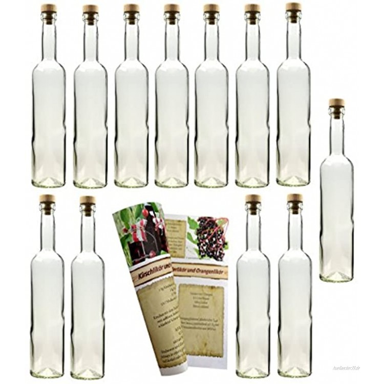 gouveo 12 Leere Glasflaschen Bordeaux 500 ml incl. Holzgriffkorken und Flaschendiscount-Rezeptbroschüre zum selbst Abfüllen Likörflasche Schnapsflasche