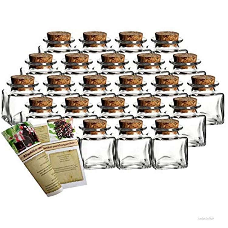 gouveo 24er Set kleine Korkengläser Mini 50 incl. Korken und 28-seitige Flaschendiscount-Rezeptbroschüre für Gastgeschenke Gewürze Glasdose Aufbewahrungsglas Korkenglas eckig