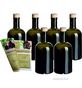 gouveo 6er Set Leere Glasflaschen Klassik 500 ml Antik incl. Holzgriffkorken und Flaschendiscount-Rezeptbroschüre Flaschen für Liköre Essige und Öl
