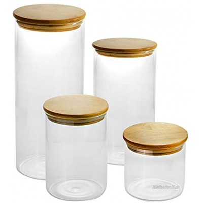 Set mit 4 Vorratsgläsern aus Glas mit Bambusdeckel | Luftdichte Lagerung von Lebensmitteln | Glasbehälter | Aufbewahrung in der Küche | M&W