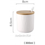 AWQREB Keramik-Gewürzdosen 3-teilig Gewürzaufbewahrungsbehälter mit Deckel und Löffel 300 ml mit hölzernem Gewürzregal Kleine keramische Gewürzdose Holzdeckel