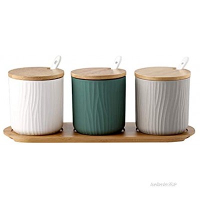 AWQREB Keramik-Gewürzdosen 3-teilig Gewürzaufbewahrungsbehälter mit Deckel und Löffel 300 ml mit hölzernem Gewürzregal Kleine keramische Gewürzdose Holzdeckel