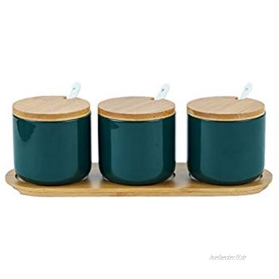 AWQREB Zuckerdose 3er-Set 250 ml Gewürzglas aus Keramik Gewürzbehälter Salzglas mit Bambusdeckel und Keramiklöffel für die Küche,Grün