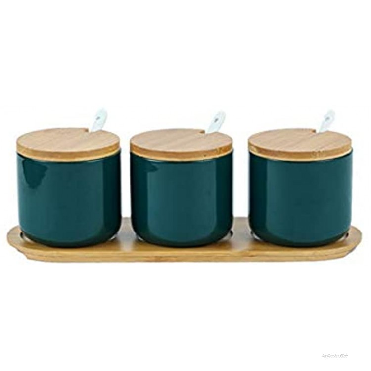 AWQREB Zuckerdose 3er-Set 250 ml Gewürzglas aus Keramik Gewürzbehälter Salzglas mit Bambusdeckel und Keramiklöffel für die Küche,Grün