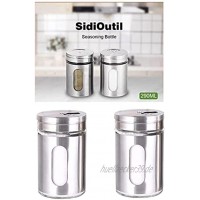 SidiOutil 2 Pack Premium Salz und Pfefferstreuer Edelstahl und Glas 290ML mit Verstellbaren Pfefferspender Küchengewürzdose Glaspfefferstreuer Gewürzflasche Siegel Aufbewahrungsflaschen Utensilien