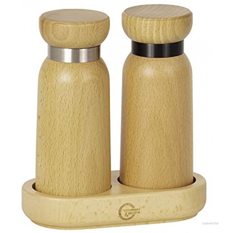 UTHANDO & PASSION Salz- und Pfeffermühle aus Holz 2er-Set + Basis Gewürzmühlen mit stufenlos verstellbares Keramikmahlwerk