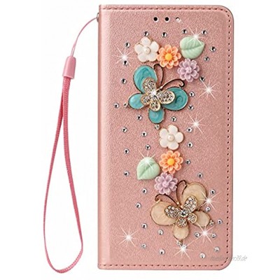 Nadoli Leder Handyhülle mit Diamant für iPhone 6S 6 4.7,3D Handgearbeitet Schmetterling Blumen Seide Muster Glänzend Bling Lanyard Schutzhülle Brieftasche Etui