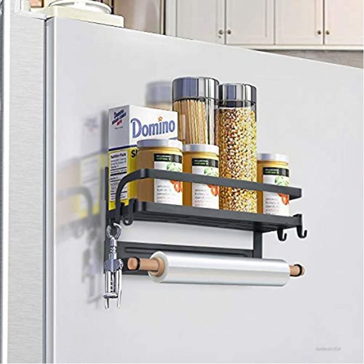 KINLO magnetisches Kühlschrankregal maximale Belastung 5 kg Hängeregal für Kühlschrank Magnet Gewürzregal 30 x 10,5 x 16 cm Küchenregal mit Rollenhalter 4 Hacken Mattschwarz