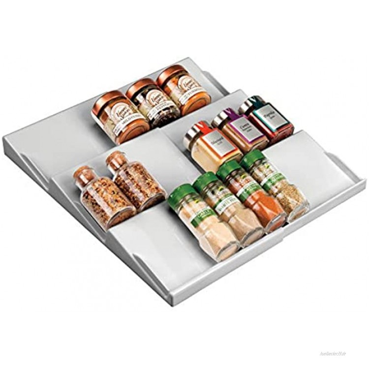 mDesign Gewürzhalter für Schubladen – auf 36,8 cm ausziehbares Gewürzregal von 20 cm bis 36,8 cm – Schubladeneinsatz mit drei Ebenen – grau