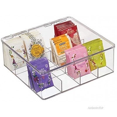 mDesign Küchen Organizer – praktische Teebox mit Deckel für Küche und Speisekammer – Aufbewahrungsbox mit 12 Fächern für Tee Kaffee Gewürze und andere Lebensmittel – durchsichtig