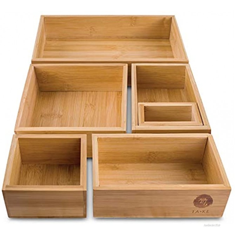 TAKE® 6-teiliges Schubladen Ordnungssystem Küche 100% Natur Bambus Boxen variable Schubladen Organizer Boxen in vers. Größen Ideal als Schminktisch Organizer Schublade Ordnungsboxen aus Bambus
