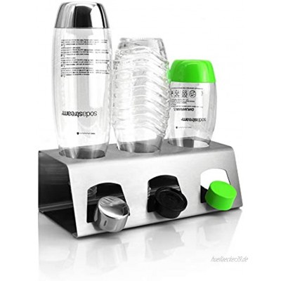 Premium Flaschenhalter mit Mikrofaser-Matte für SodaStream Flaschen Glas PET Emil aus Edelstahl Abtropfhalter Abtropfständer mit Deckelhalterung Abtropfgestell für 3 Flaschen 3-Fach Halterung