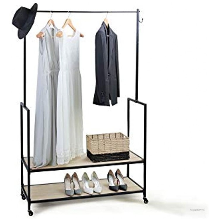 LIFA LIVING Kleiderständer auf Rollen Schwarze Kleiderstange für Schlafzimmer aus Holz & Metall Garderobenständer mit Schuhregal & 2 Ablagen 175x43x105cm