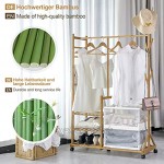 Yorbay Garderobenständer Bambus Kleiderständer mit Rollen mit Kleiderstange 3 Ablagen und 6 Haken Baumform 100 x 38 x 176 cm Natur